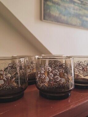 Set of 5 Vintage Dominion Glass Smokey Brown Tumblers – Gold Floral Design